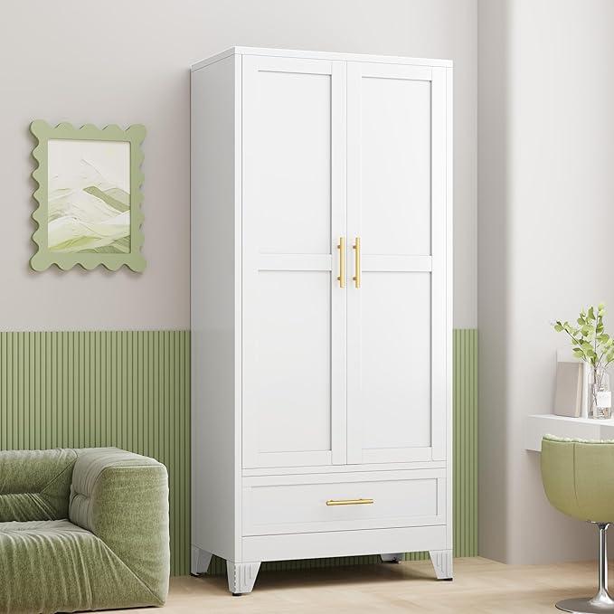 Armario metálico de 180 cm (71"), blanco, para dormitorio, con espejo, 1 cajón, estantes ajustables y barra para colgar ropa. Armario de acero independiente con espejo, ideal para dormitorio y habitación de invitados.