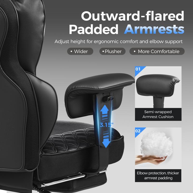 【Ofertas imperdibles】Silla de oficina grande y alta COMHOMA, soporta hasta 181 kg (400 lbs), silla ergonómica para juegos con cuero de lujo con relieve, reposapiés, reclinación de 150°, reposabrazos ajustables y respaldo con resortes ensacados.