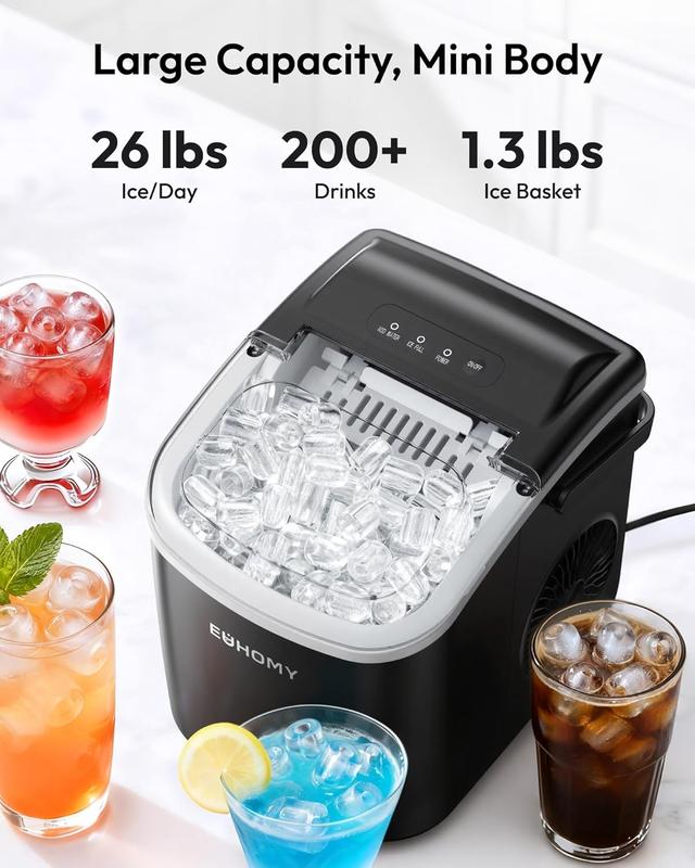 Máquina de hielo de sobremesa con asa, 12 kg en 24 horas, 9 cubitos de hielo listos en 6 minutos, máquina de hielo portátil con autolimpieza, cesta y pala, para el hogar/cocina/camping/caravana.