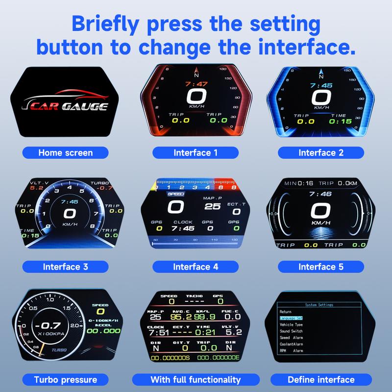 Velocímetro digital de 3 pulgadas con pantalla frontal (HUD) OBD2+GPS para vehículos compatibles con modelos equipados con OBD2 fabricados después de 2008. Admite unidades de medida en km/h y mph. Pantalla LCD multifunción OBD.