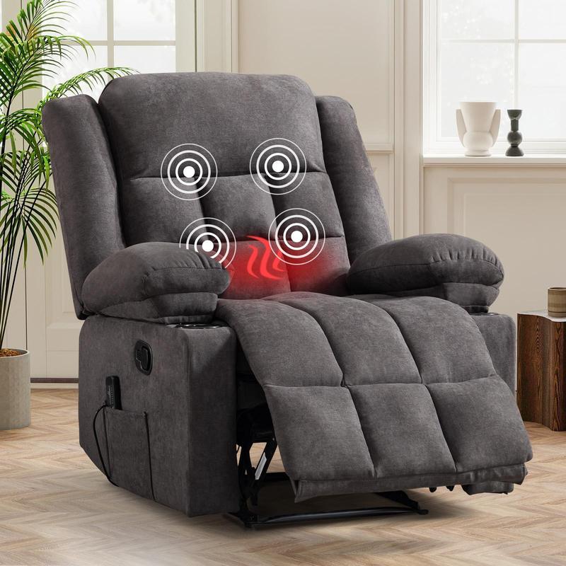 Sillón reclinable manual EBELLO con masaje y calor, sillón reclinable de tela con portavasos y bolsillos de almacenamiento, cómodo y transpirable para la sala de estar.