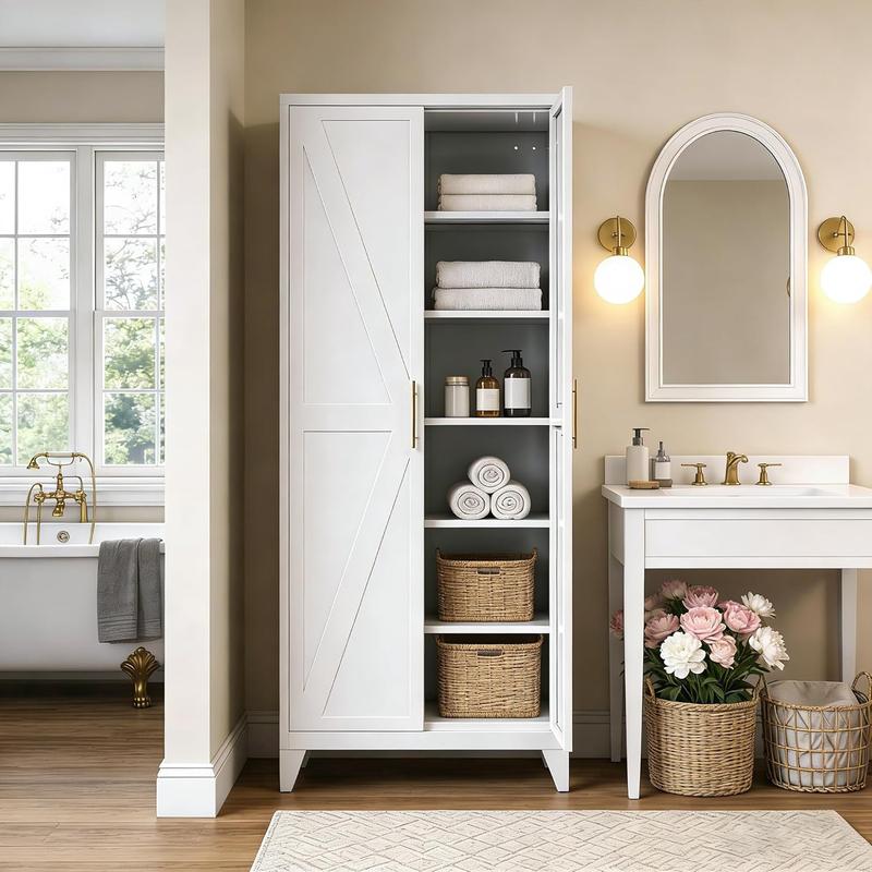 Armario despensa metálico de 190 cm de alto con puertas, armario despensa de cocina estilo rústico con 5 estantes ajustables para cocina, sala de estar, requiere montaje, blanco, 40 cm de profundidad x 80 cm de ancho x 190 cm de alto