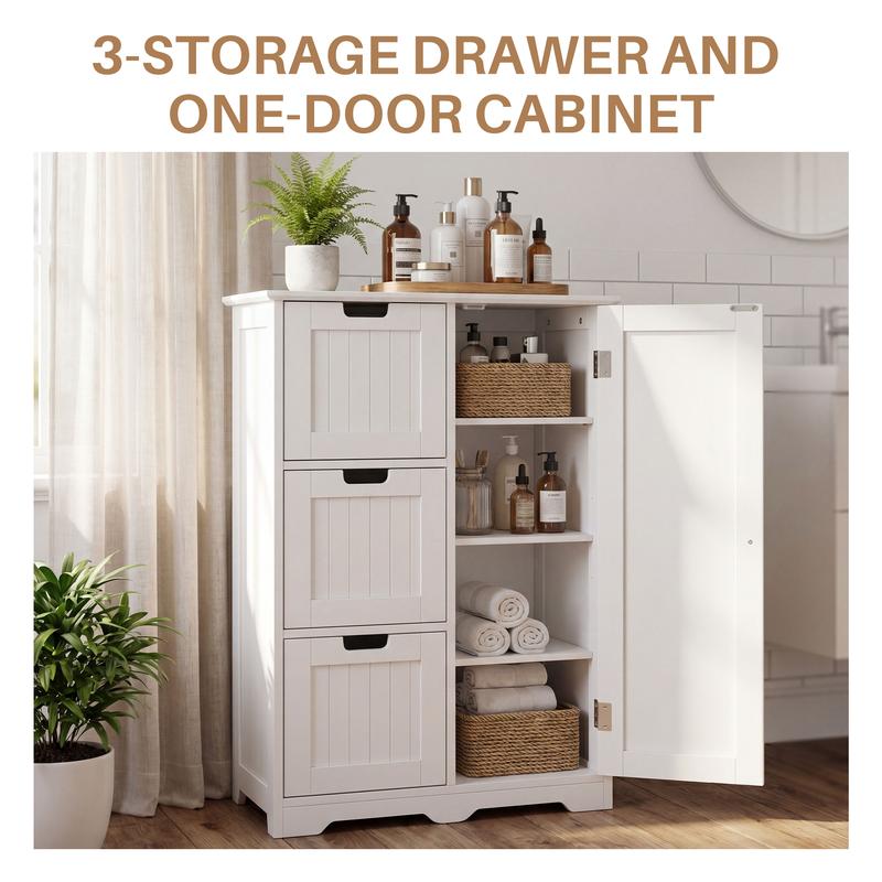 Mueble de baño moderno de madera blanca para suelo - Armarios de madera, doble cajón, organizador de almacenamiento multicompartimento con 3 cajones, 2 estantes, armarios con doble cajón
