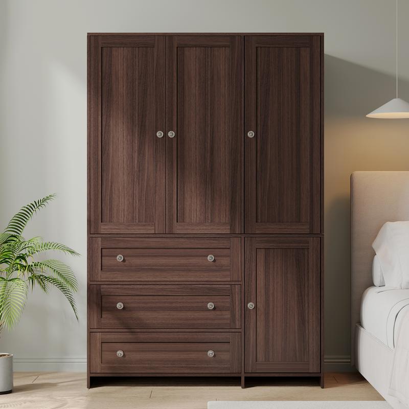 【Entrega en 2 paquetes】VOWNER Armario de madera, mueble de almacenamiento con 3 puertas y barra para colgar ropa, ideal para dormitorio. Armario alto independiente de gran capacidad con estantes.