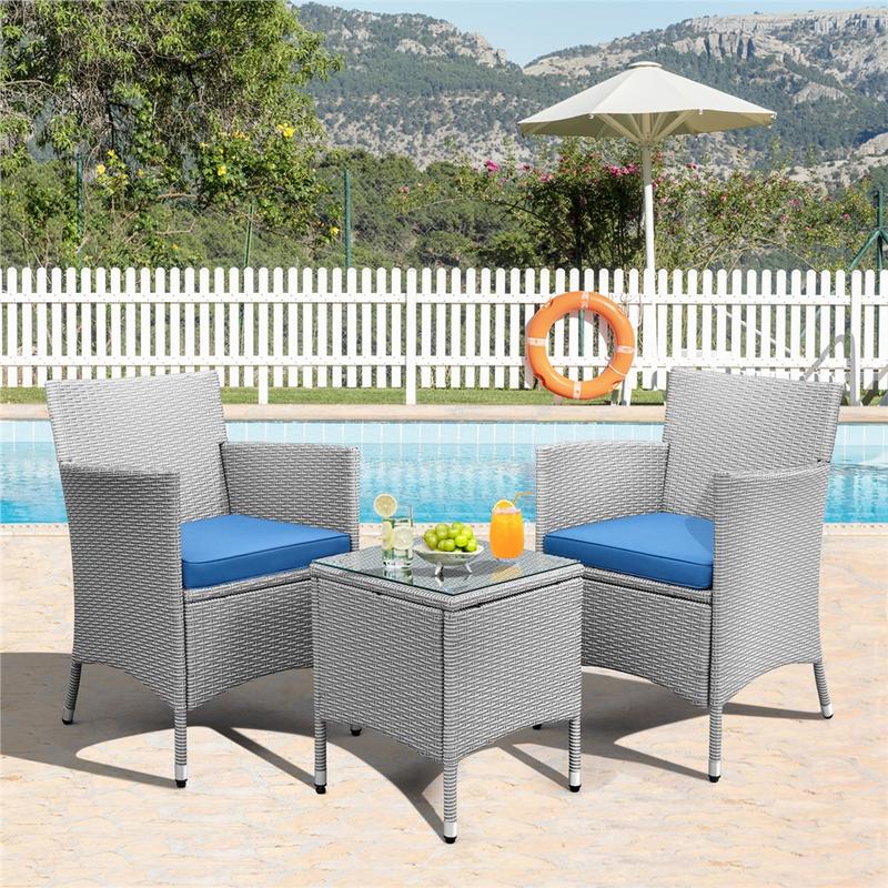Conjunto de muebles de patio Yaheetech de 3 piezas, conjunto de muebles de ratán para exteriores, 2 sillas con cojines y 1 mesa auxiliar para bistró/porche/jardín/terraza/patio, decoración del hogar, artículos esenciales para acampar.