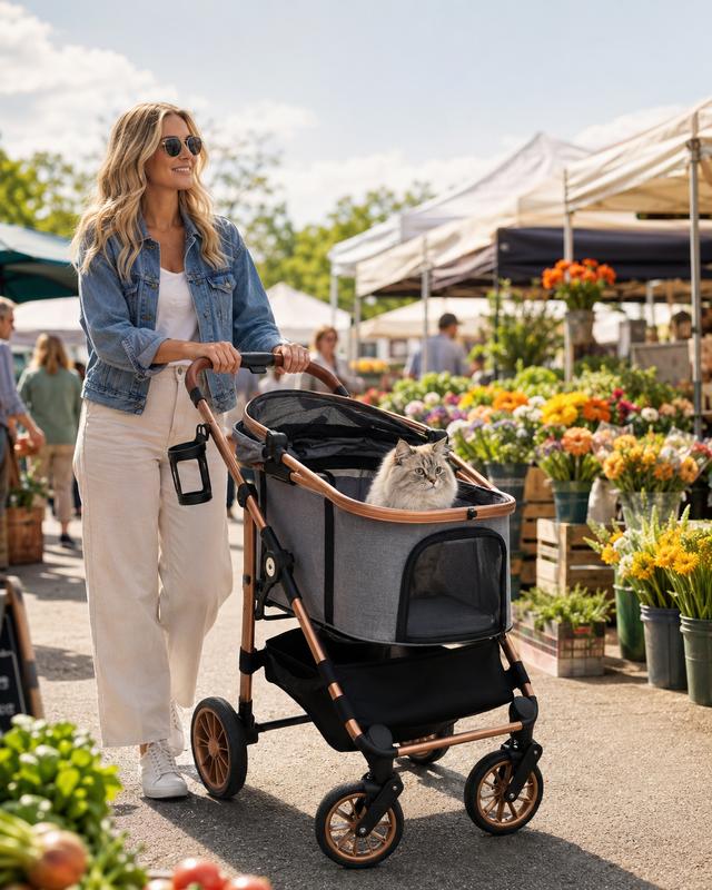 Cochecito para mascotas TLGREEN para perros y gatos medianos de hasta 25 kg, cochecito todoterreno 3 en 1 con transportín desmontable, ruedas de goma, plegado con un solo clic, cesta de almacenamiento y portavasos, cochecito de viaje para exteriores para