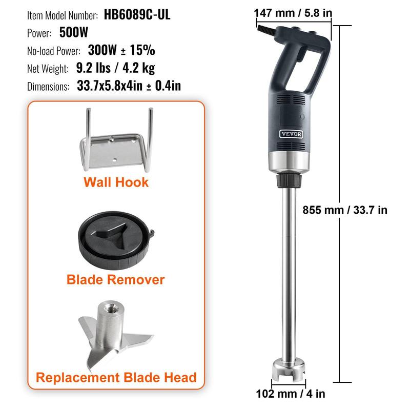 Batidora de inmersión comercial de 500 vatios, batidora de mano de alta resistencia, batidora de cocina de velocidad variable con cuchilla de acero inoxidable 304, batidora portátil multiusos para sopas, batidos, purés y comida para bebés.