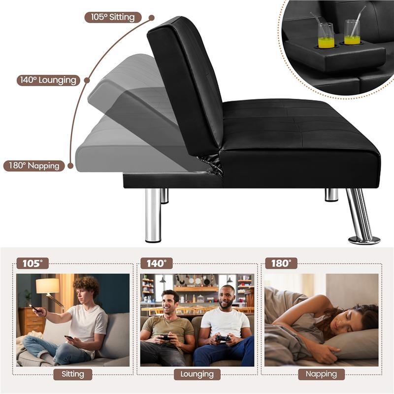 【Mayor área para dormir】Sofás y cama futón convertibles modernos de piel sintética Yaheetech con 2 cojines decorativos y portavasos abatibles, sofá futón ajustable 3 en 1