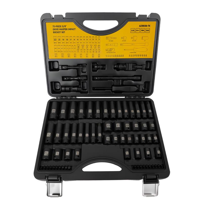 Juego de 72 piezas de llaves de impacto de 3/8", SAE (5/16"-3/4") y métricas (8-22 mm), 6 puntas, construcción CR-V, con barra de extensión, adaptador, junta universal, mango giratorio y puntas surtidas para reparaciones versátiles.