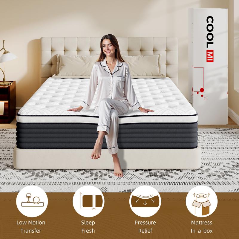 Colchones híbridos COOLMI de 12/14 pulgadas en caja con resortes ensacados Comfort Pocket Coils, espuma viscoelástica, alivio de presión y aislamiento de movimiento, certificación CertiPUR-US, tamaño individual/doble/queen/king. Sin fibra de vidrio. Sueño