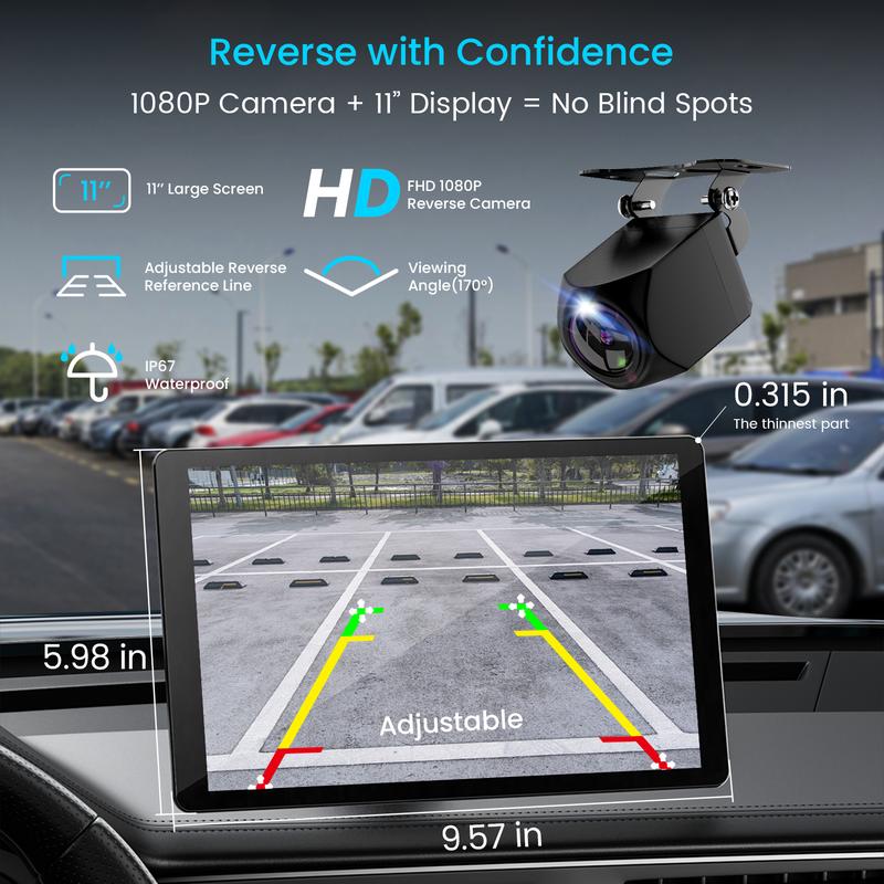 IIWEY iK11 Pantalla inalámbrica extragrande de 11 pulgadas con Apple CarPlay para coche – Estéreo para coche con pantalla táctil ultradelgada de 0,16 pulgadas con Android Auto, cámara de salpicadero 4K, cámara de marcha atrás 1080p, GPS, Mirror Link, cont