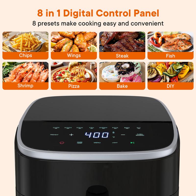 Freidora de aire de 4 cuartos con ventana visible, 1500 W, pantalla táctil digital, 8 programas preestablecidos, apagado automático y cesta antiadherente apta para lavavajillas, temporizador de 60 minutos, temperatura máxima de 400 °F.