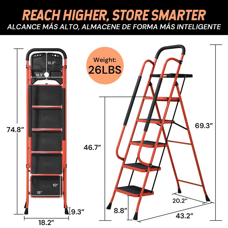Escalera portátil resistente de 5 peldaños, capacidad de 363 kg (800 lbs), plegable con pasamanos y bandeja para herramientas, ideal para proyectos de cocina y bricolaje.