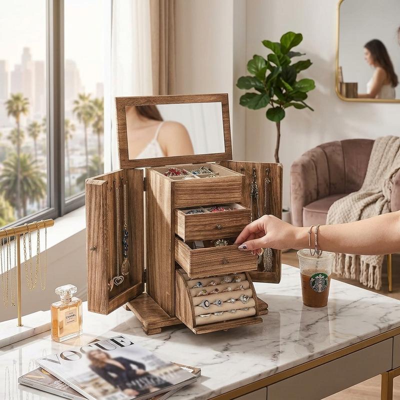 Caja de joyería Emfogo para mujer, cajas y organizadores de joyería de madera rústica con espejo, caja organizadora de joyería de 4 niveles para anillos, pendientes, collares y pulseras.