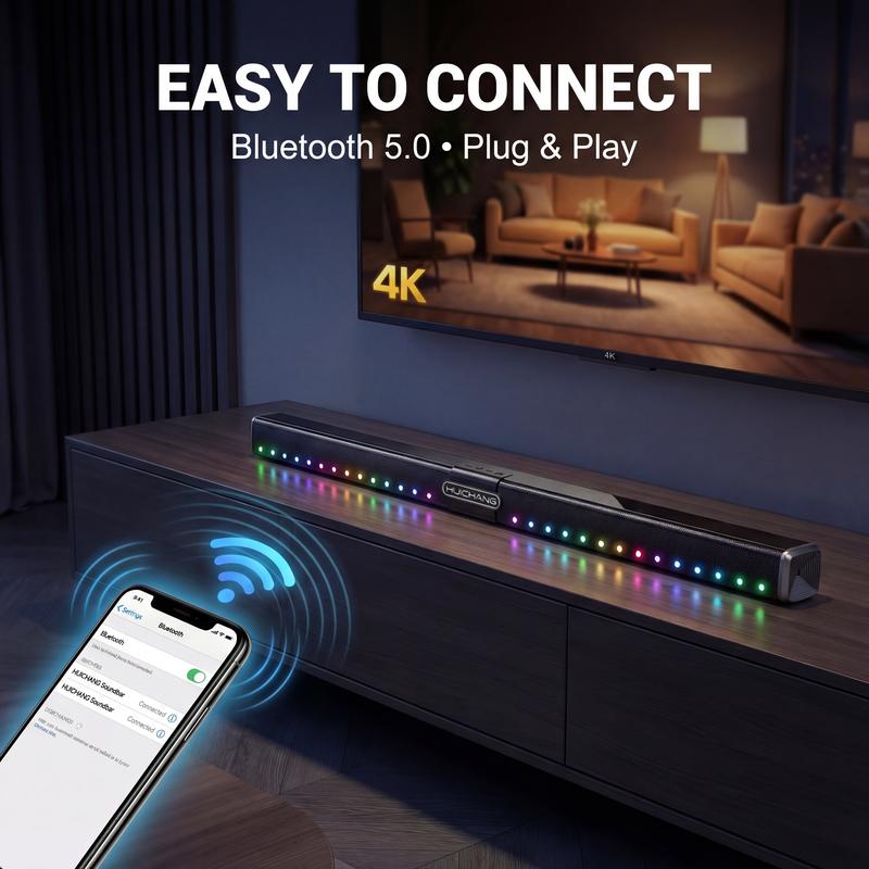 Barra de sonido RGB HUICHANG de 10 altavoces: diseño delgado de 88 cm (34,6") con Bluetooth 5.3 inalámbrico, potencia máxima de 300 W, graves profundos 9D, estéreo TWS, acabado en negro piano, entradas AUX/USB/coaxial, perfecta para cine en casa, TV, jueg