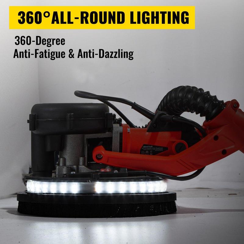 Lijadora de paneles de yeso VEVOR - Pulidora de hardware de alta potencia de 850 W con selector de velocidad de 6 niveles, diseño plegable, mango telescópico, tira de luz LED, bolsa de vacío y guantes, herramienta eléctrica de alta resistencia.