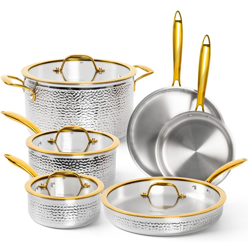 Juego de utensilios de cocina Michelangelo de 10 piezas de acero inoxidable triple, ollas y sartenes martilladas 18/10, elegantes cacerolas con asas doradas, tapas, apto para inducción, fácil de limpiar.