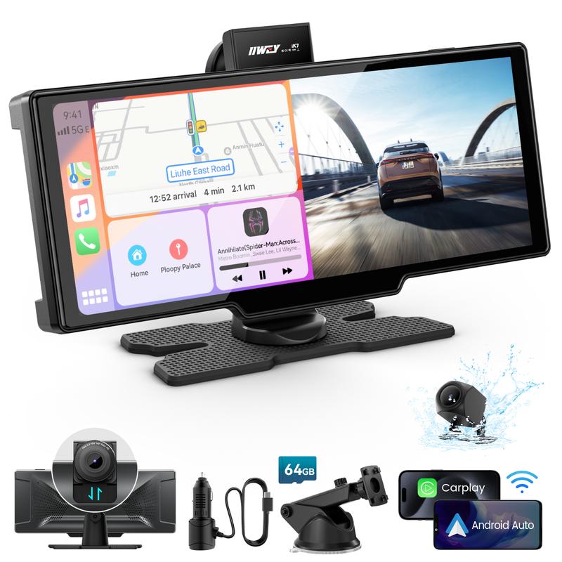 Autoestéreo portátil de 10 pulgadas con cámara de salpicadero 4K y cámara de marcha atrás 1080P – Apple CarPlay inalámbrico, Android Auto, 64 GB de almacenamiento, navegación GPS, control por voz, reproducción de música, Mirror Link, tarjeta de memoria in