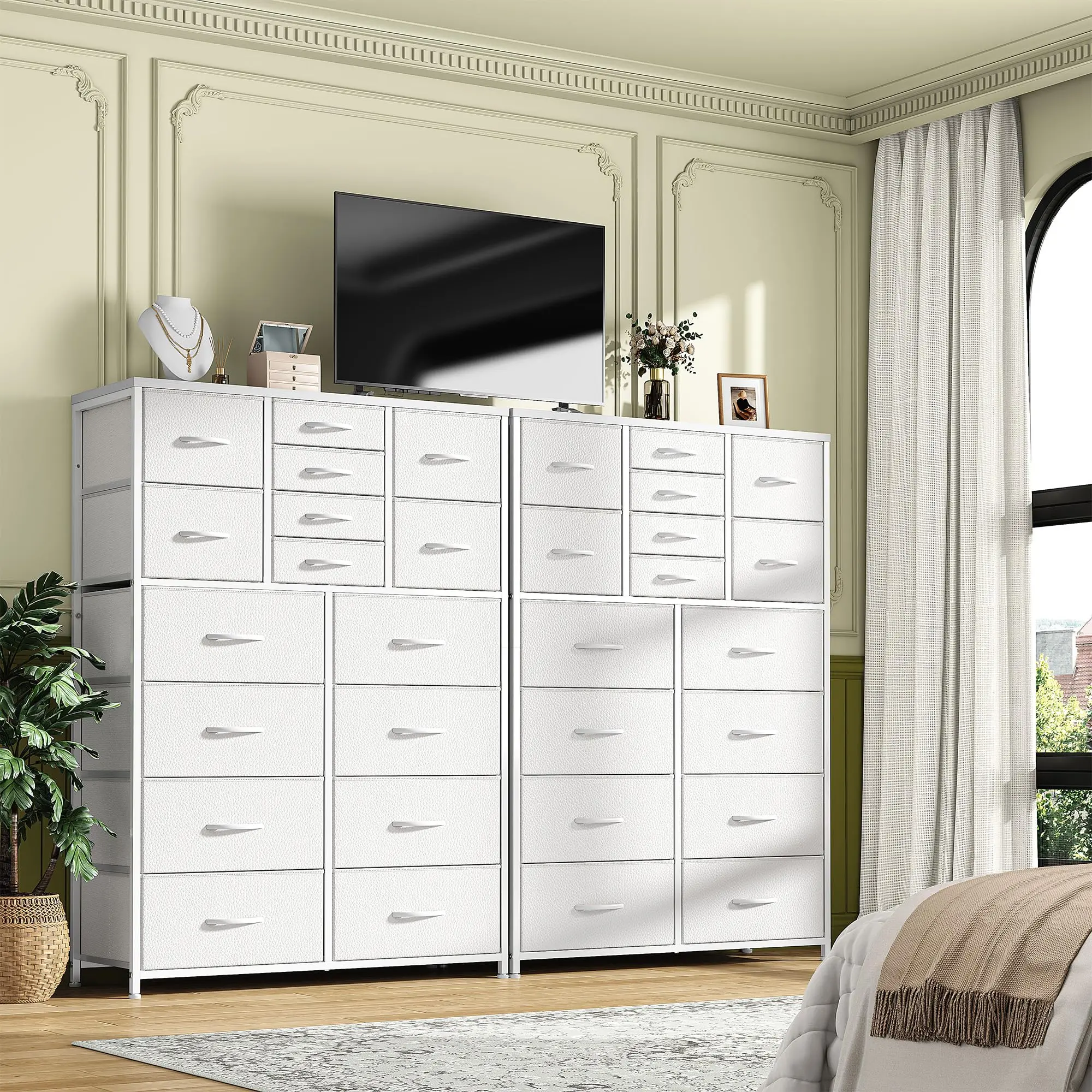 Cómoda blanca de 57 pulgadas de alto con 16 cajones: almacenamiento moderno