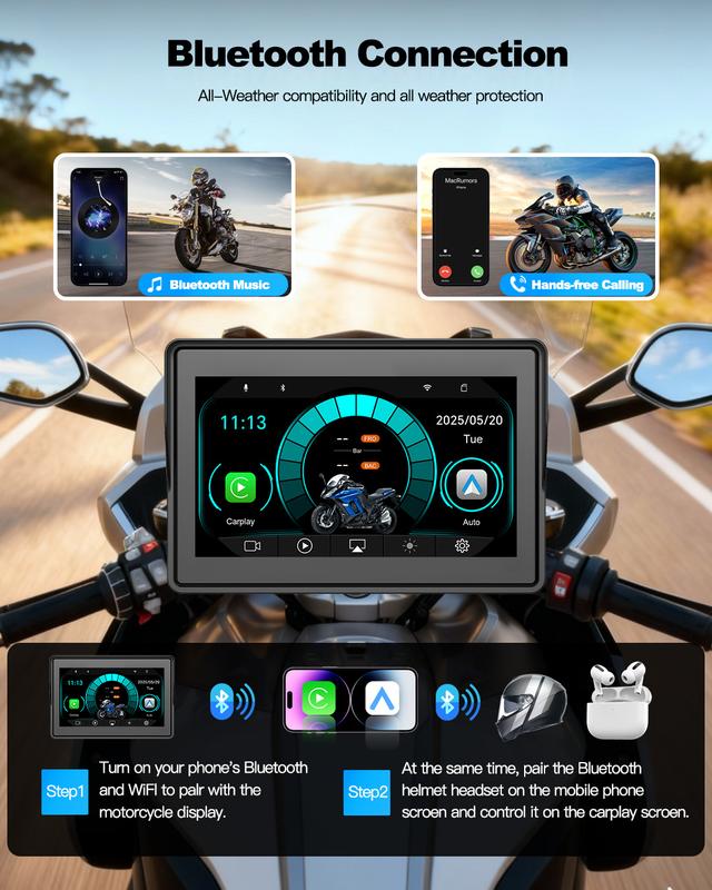 Pantalla para cámara de salpicadero de motocicleta con CarPlay, 5 pulgadas, legible a la luz del sol, resistente al agua y portátil, CarPlay inalámbrico y Android Auto, montaje rápido en el manillar, pantalla táctil con cámaras duales delantera y trasera