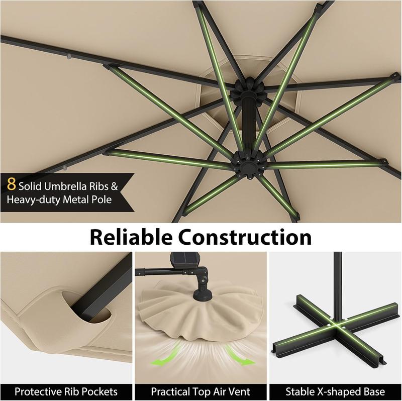 Sombrilla de patio solar giratoria de 360° de 3 metros, sombrilla de exterior con brazo lateral descentrado, fácil ajuste de inclinación, manivela y base en cruz para piscina, terraza, jardín o patio trasero.