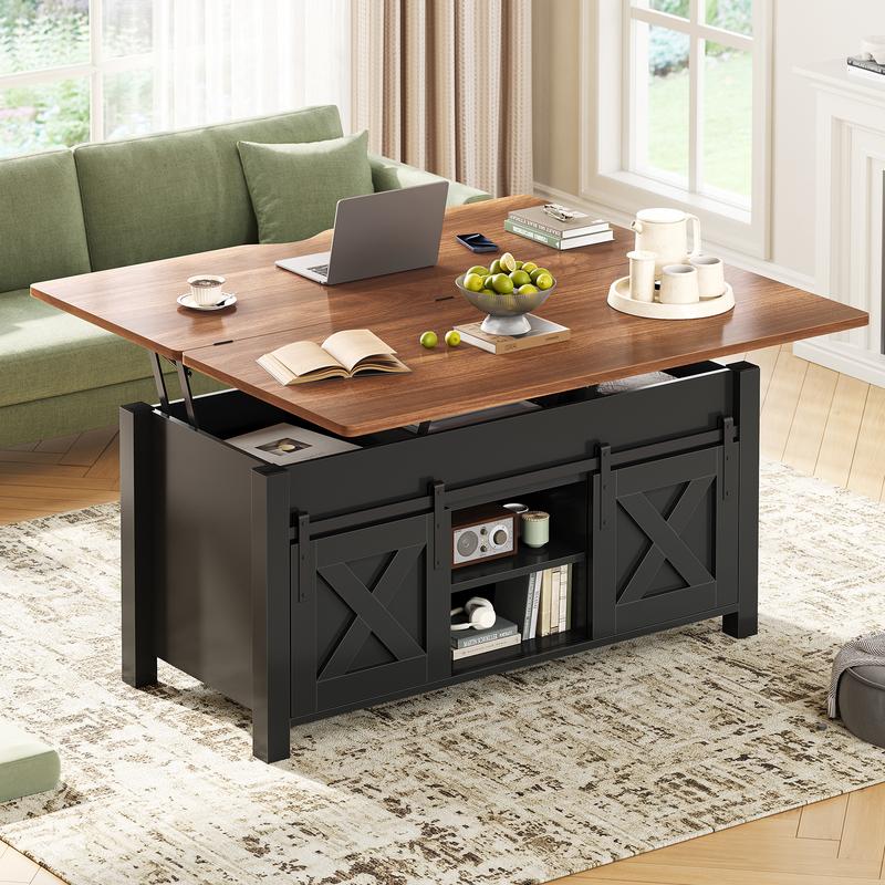 Mesa de centro Sedeta 4 en 1 multifuncional con tapa elevable - Muebles de sala de estar de estilo rústico en roble envejecido, mesa de comedor convertible con diseño plegable, puertas corredizas, almacenamiento y compartimento oculto, mesas de comedor co