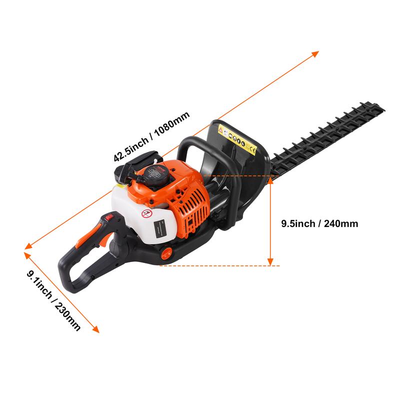 Cortasetos de gasolina de 2 tiempos y 23,2 pulgadas, 26 cc, 2 tiempos, manual, con cuchilla de doble cara y doble acción, cabezal ajustable de 180°, ideal para recortar arbustos y matorrales bajos.
