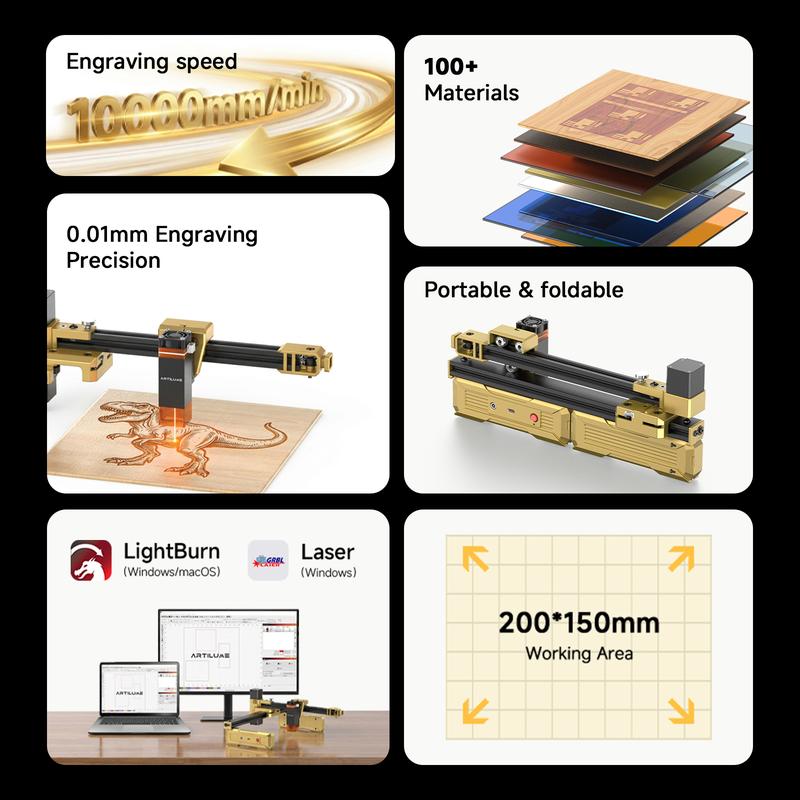 Máquina de grabado láser portátil ARTILUME T1 con control por aplicación, diseño plegable, no requiere montaje, precisión de 0,01 mm, velocidad de 10000 mm/min, graba madera, cuero, acrílico y metal, herramienta de diseño personalizada para proyectos crea