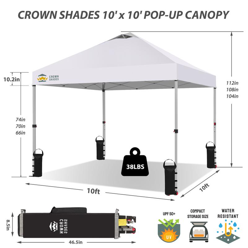 Toldo plegable CROWN SHADES de 10x10 pies, toldo con cierre central patentado de un solo empujón, bolsa de almacenamiento de nuevo diseño, 8 estacas, 4 cuerdas, decoración para el hogar, artículos esenciales para acampar, toldo para el jardín.