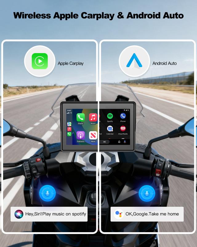 Pantalla para cámara de salpicadero de motocicleta con CarPlay, 5 pulgadas, legible a la luz del sol, resistente al agua y portátil, CarPlay inalámbrico y Android Auto, montaje rápido en el manillar, pantalla táctil con cámaras duales delantera y trasera