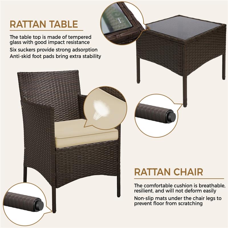 Conjunto de muebles de patio Yaheetech de 3 piezas, conjunto de muebles de ratán para exteriores, 2 sillas con cojines y 1 mesa auxiliar para bistró/porche/jardín/terraza/patio, decoración del hogar, artículos esenciales para acampar.