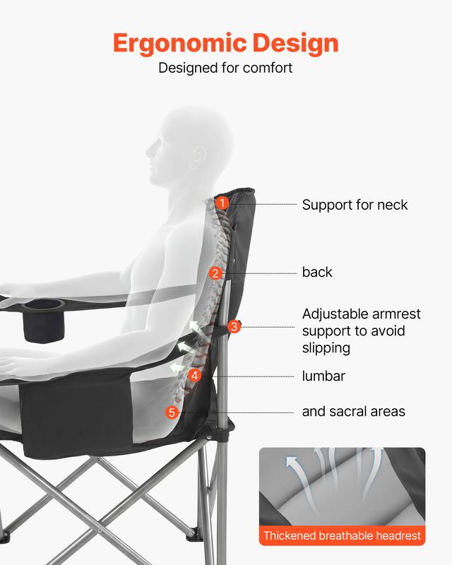 Sillas plegables extragrandes para camping VEVOR, paquete de 2, estructura metálica resistente de 204 kg, respaldo y reposabrazos acolchados de algodón resistente a la abrasión, portavasos, bolsillo lateral, bolsa térmica, bolsa de transporte para pesca a