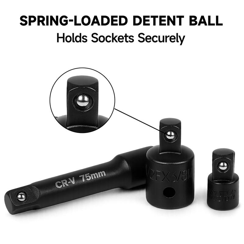 Juego de 72 piezas de llaves de impacto de 3/8", SAE (5/16"-3/4") y métricas (8-22 mm), 6 puntas, construcción CR-V, con barra de extensión, adaptador, junta universal, mango giratorio y puntas surtidas para reparaciones versátiles.