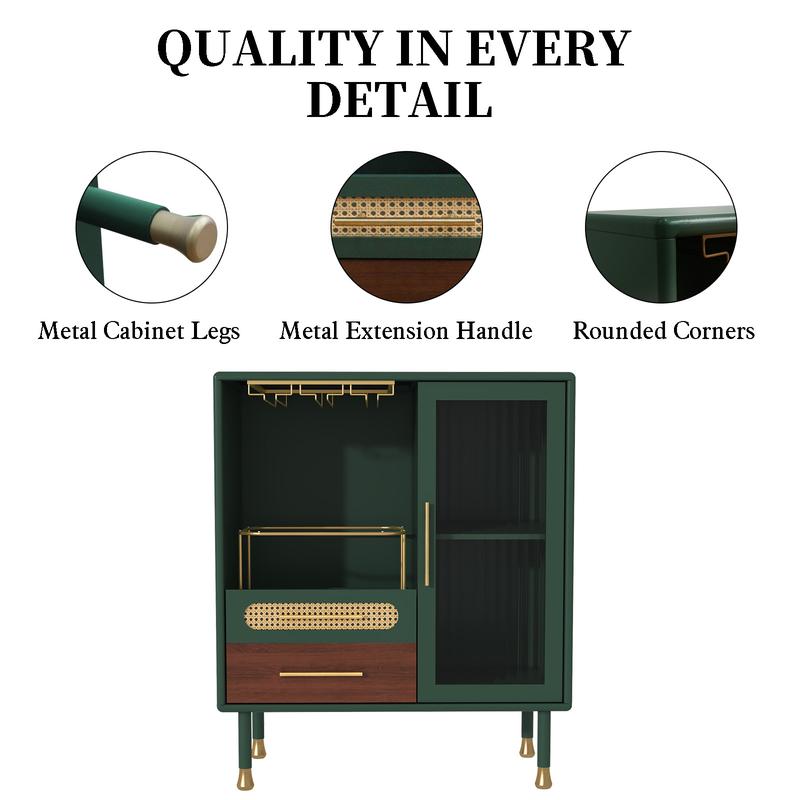 Mueble bar HLR verde esmeralda con detalles dorados, detalles de ratán, almacenamiento de doble zona de 94 cm y cajón extraíble: muebles de estilo clásico para apartamentos, muebles para estudios, ideal para quienes disfrutan del entretenimiento en casa,