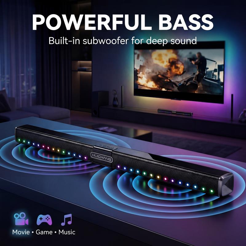 Barra de sonido RGB HUICHANG de 10 altavoces: diseño delgado de 88 cm (34,6") con Bluetooth 5.3 inalámbrico, potencia máxima de 300 W, graves profundos 9D, estéreo TWS, acabado en negro piano, entradas AUX/USB/coaxial, perfecta para cine en casa, TV, jueg