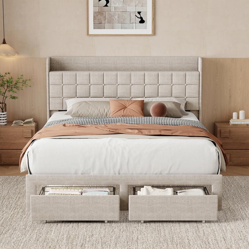 Estructura de cama híbrida resistente de metal tapizado con cabecero de tela - Tamaño Queen/King, 2 cestas de almacenamiento de metal, fácil montaje, decoración contemporánea para el hogar, muebles para apartamentos.