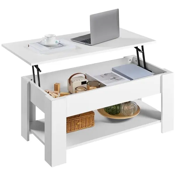 Mesa de centro elevable Yaheetech con compartimento oculto y 2 estantes abiertos. Diseño multiusos. Elevador a gas. Ideal para espacios pequeños. Perfecta para sala de estar, oficina o el hogar.