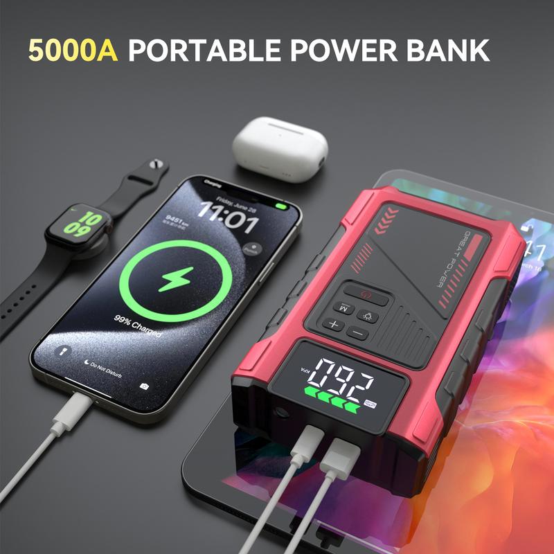 Arrancador portátil de 12000 mAh con compresor de aire, 150 PSI, caja de arranque para baterías de coche de 12 V, motores de gasolina de 10,0 L y diésel de 9,0 L, inalámbrico, pinzas seguras para un uso sencillo.