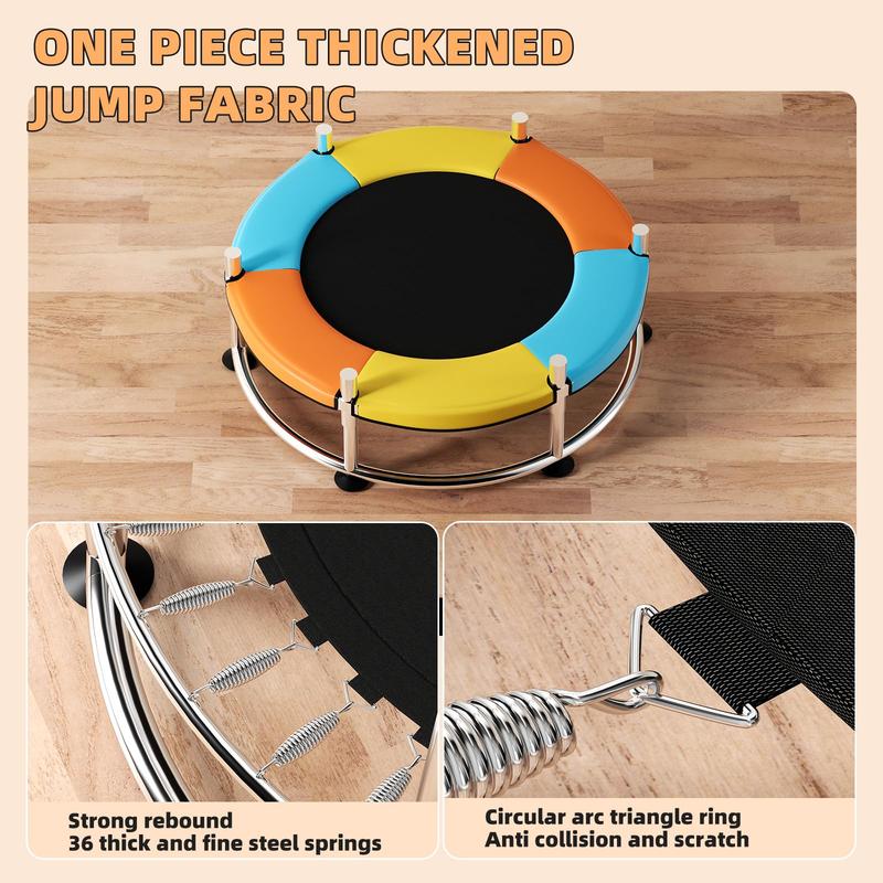 Cama elástica de 55" para niños, hasta 200 kg (440 lbs), mini cama elástica con base redonda antivuelco, cama elástica para niños pequeños para interiores y exteriores con red de seguridad, barras de gimnasia ajustables y aro de baloncesto.