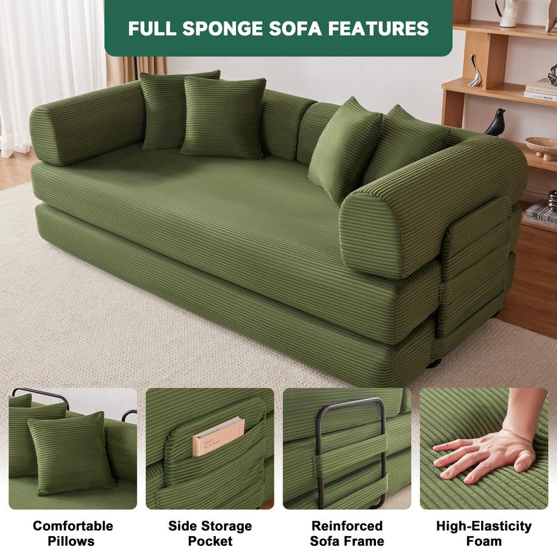 【1/2 Paquetes】Sofá cama convertible de 79-118" con 4 almohadas, sofá futón de pana 5 en 1 para espacios pequeños, sofá modular de suelo con estructura de forma fija, para cama de invitados y área de juegos para niños con funda lavable, sofá de peluche par