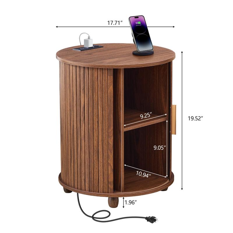 Mesita auxiliar redonda estriada Giratree con estación de carga, mesa auxiliar pequeña de estilo rústico con puerta corredera y almacenamiento, mesitas de noche estriadas de madera de mediados de siglo para sala de estar y dormitorio.