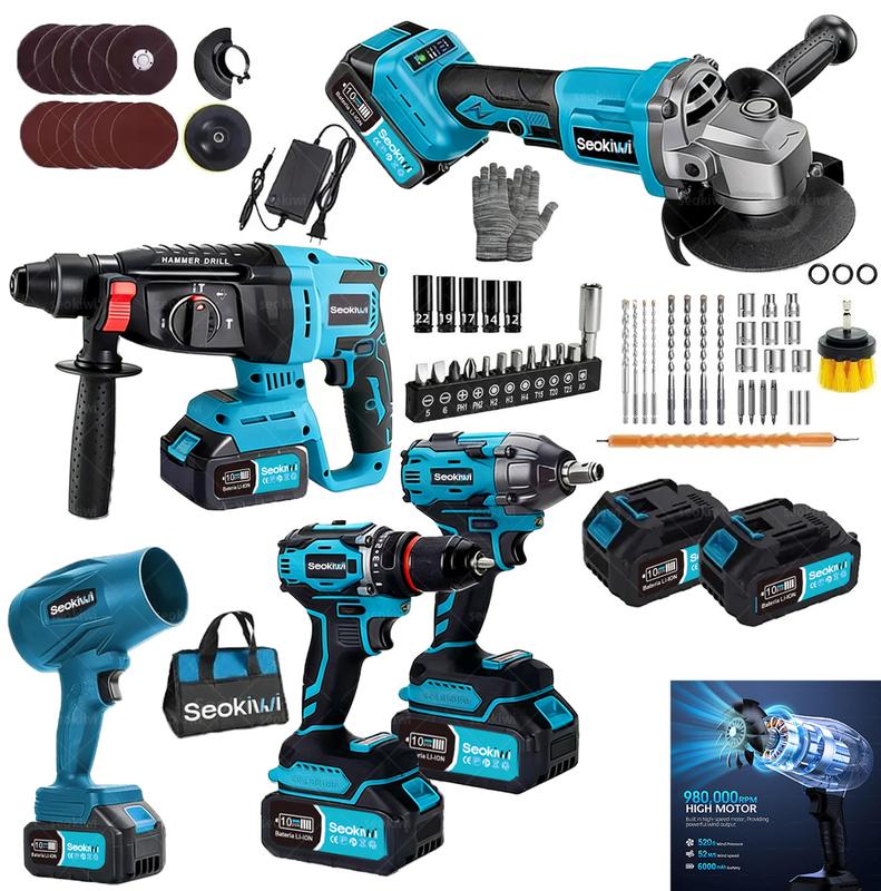 Juego de Herramientas de 5 Piezas Incluye Martillo Hidráulico Amoladora Taladro Llave Inglesa y Soplador de Hojas Potente y Versátil Regalo Ideal para Hombres