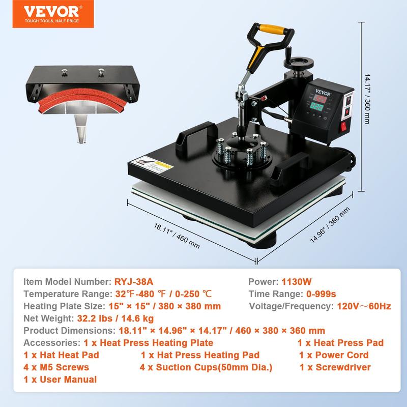 Prensa térmica de 15 x 15 pulgadas, 8 en 1, 800 W, para sublimación, rotación de 360°, función de giro, 8 en 1, para impresión de camisetas, calentamiento de doble tubo para camisetas, gorras y tazas DIY.