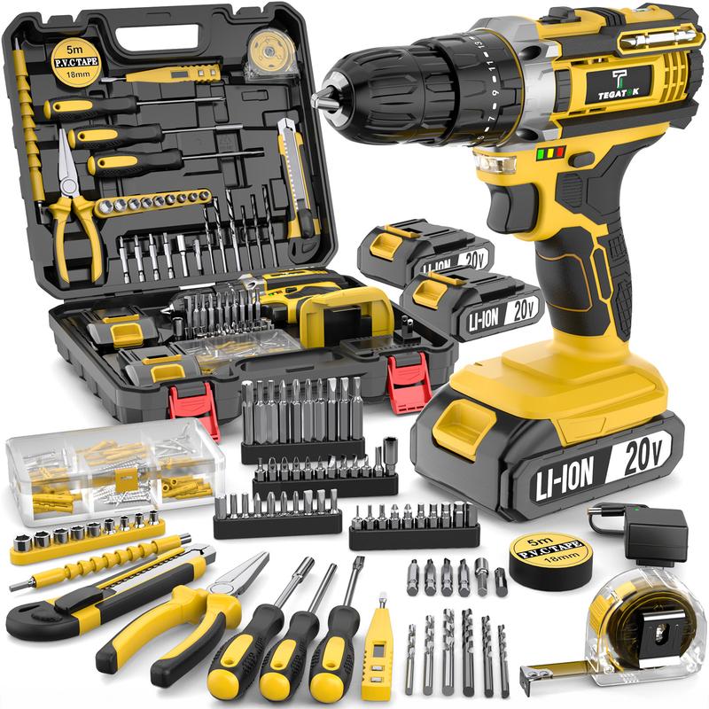 Juego de 136 piezas de taladro de impacto inalámbrico con batería recargable de 20 V, kit de herramientas compacto todo en uno, regalo perfecto, ideal para reparaciones del hogar y proyectos de bricolaje.