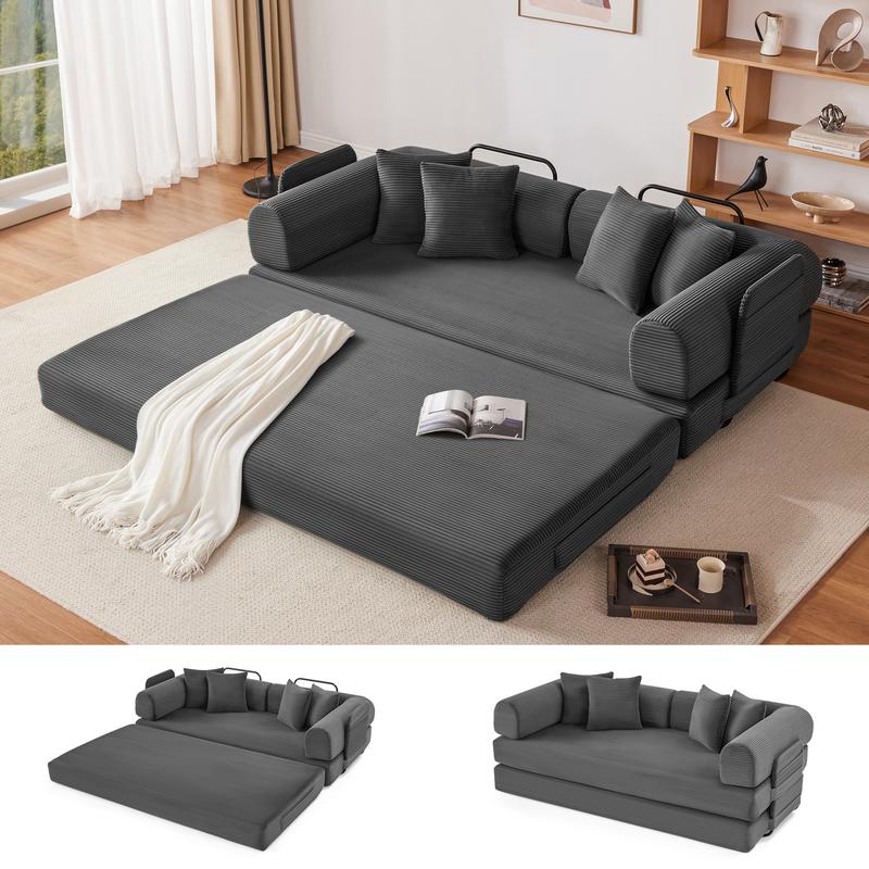 【1/2 Paquetes】Sofá cama convertible de 79-118" con 4 almohadas, sofá futón de pana 5 en 1 para espacios pequeños, sofá modular de suelo con estructura de forma fija, para cama de invitados y área de juegos para niños con funda lavable, sofá de peluche par