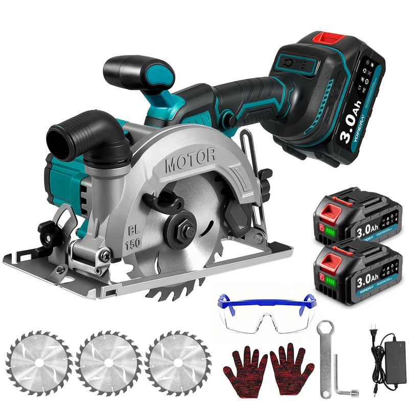 Sierra circular portátil inalámbrica YOFIDRA | Profundidad de 48 mm/Desalineación de 45° | Incluye 3 hojas de sierra y dos baterías | Motor sin escobillas | Apta para bricolaje en madera, metal y piedra.