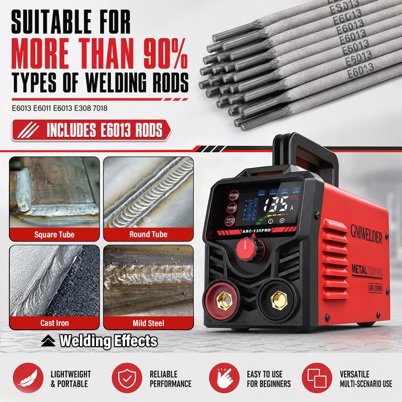 Soldadora de arco portátil GNIWELDER de 110 V, mini máquina de soldadura por arco con varillas de soldadura E6013, cable de alimentación de cobre puro, cables de soldadura de 2 m, gran pantalla LED, selección inteligente de varillas, arranque en caliente,