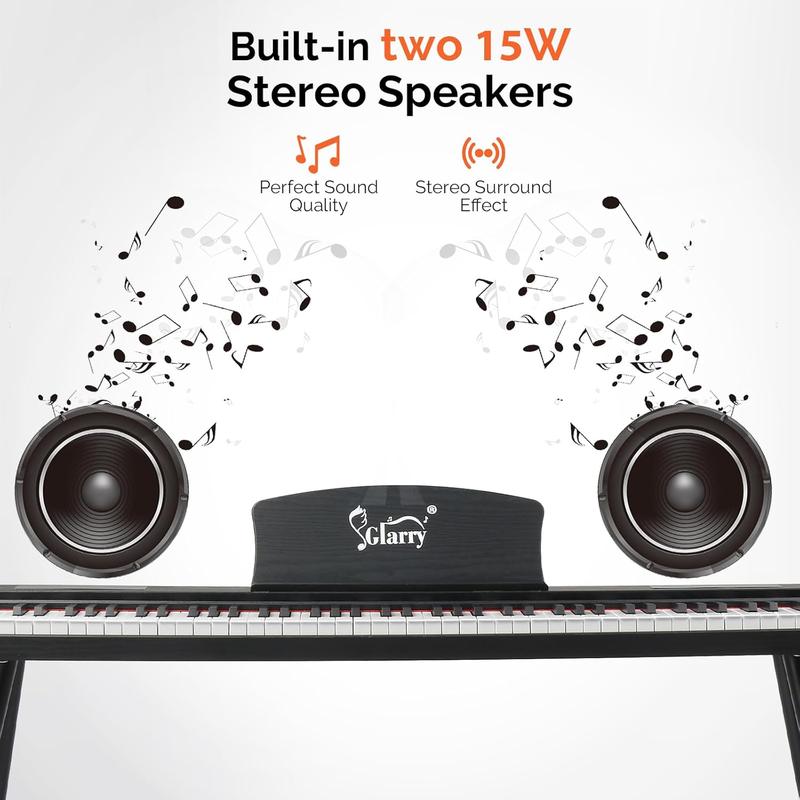 Kit de teclado de piano digital portátil GLARRY de 88 teclas semipesadas, con soporte, pedales triples, fuente de alimentación, 2 altavoces, Bluetooth, conector para auriculares de 3,5 mm y 128 ritmos para principiantes.