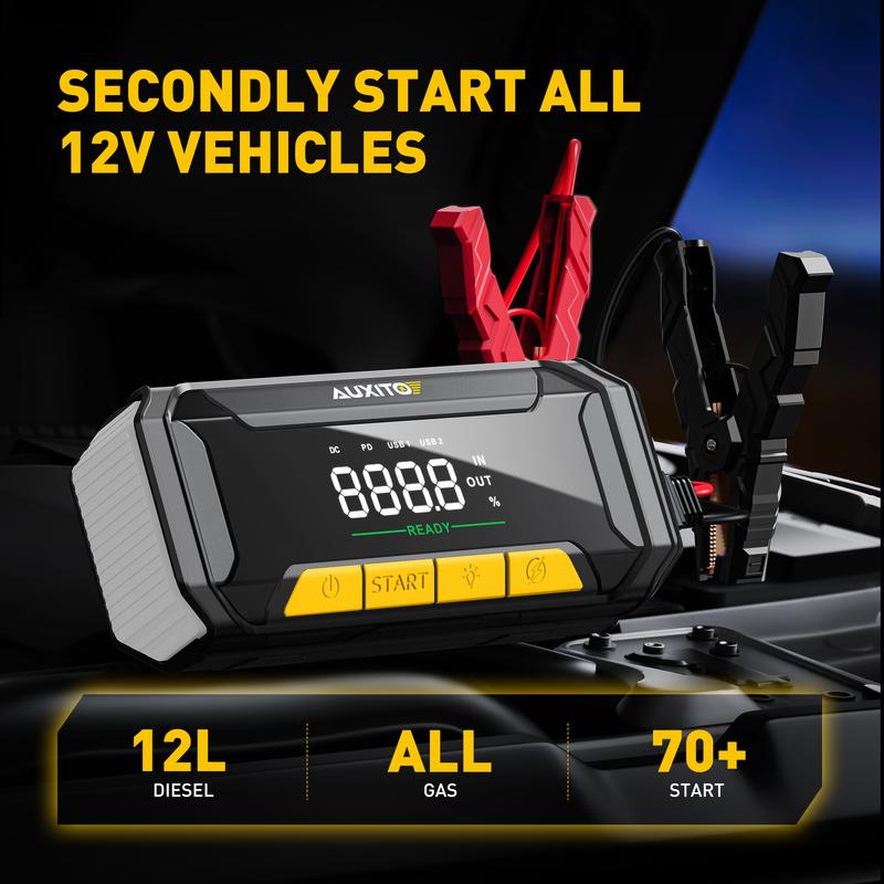 Arrancador de batería AUXITO 2025 mejorado, 8000 A de potencia máxima (para todos los motores de gasolina y diésel de hasta 10.0 L), 12 V, portátil, con linterna de 3 modos.
