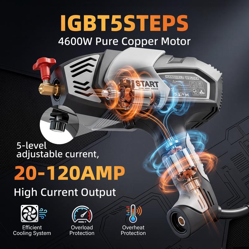 Kit de soldadora de mano de 120 A: soldadora inverter portátil con sistema de refrigeración integrado, funcionamiento con una sola mano, compacta y ligera, ideal para principiantes y para reparaciones rápidas en el hogar.